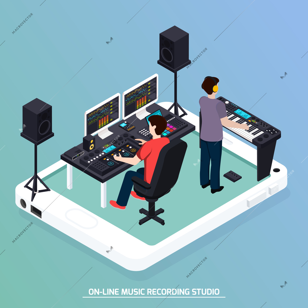 Music recording studio equipment isometric composition with two human characters recording music with pro audio devices vector illustration