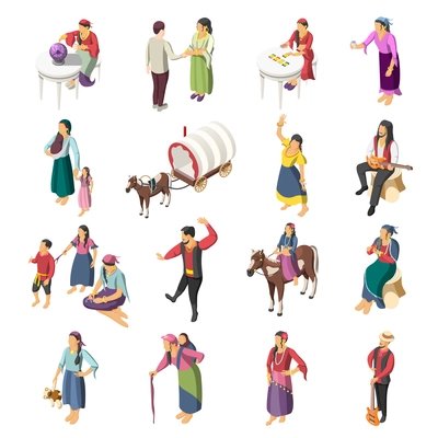 Gypsies isometric icons set of adult romany people with children leading liberty nomadic lifestyle isolated vector illustration