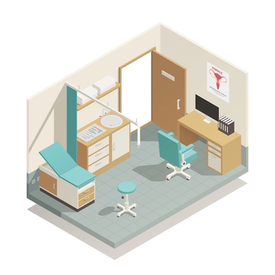 Gynecology cabinet with various tools for examination isometric composition on white background 3d vector illustration