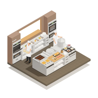 Two cooks working in restaurant kitchen with professional cooking equipment isometric composition 3d vector illustration