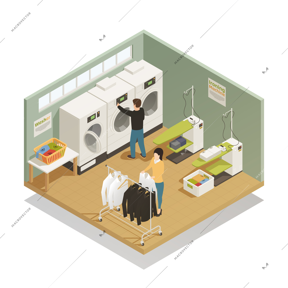 Two people in laundry room with modern equipment isometric composition on white background 3d vector illustration