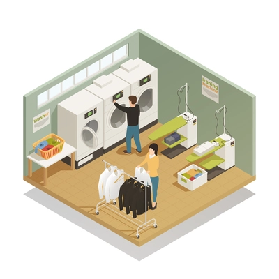 Two people in laundry room with modern equipment isometric composition on white background 3d vector illustration