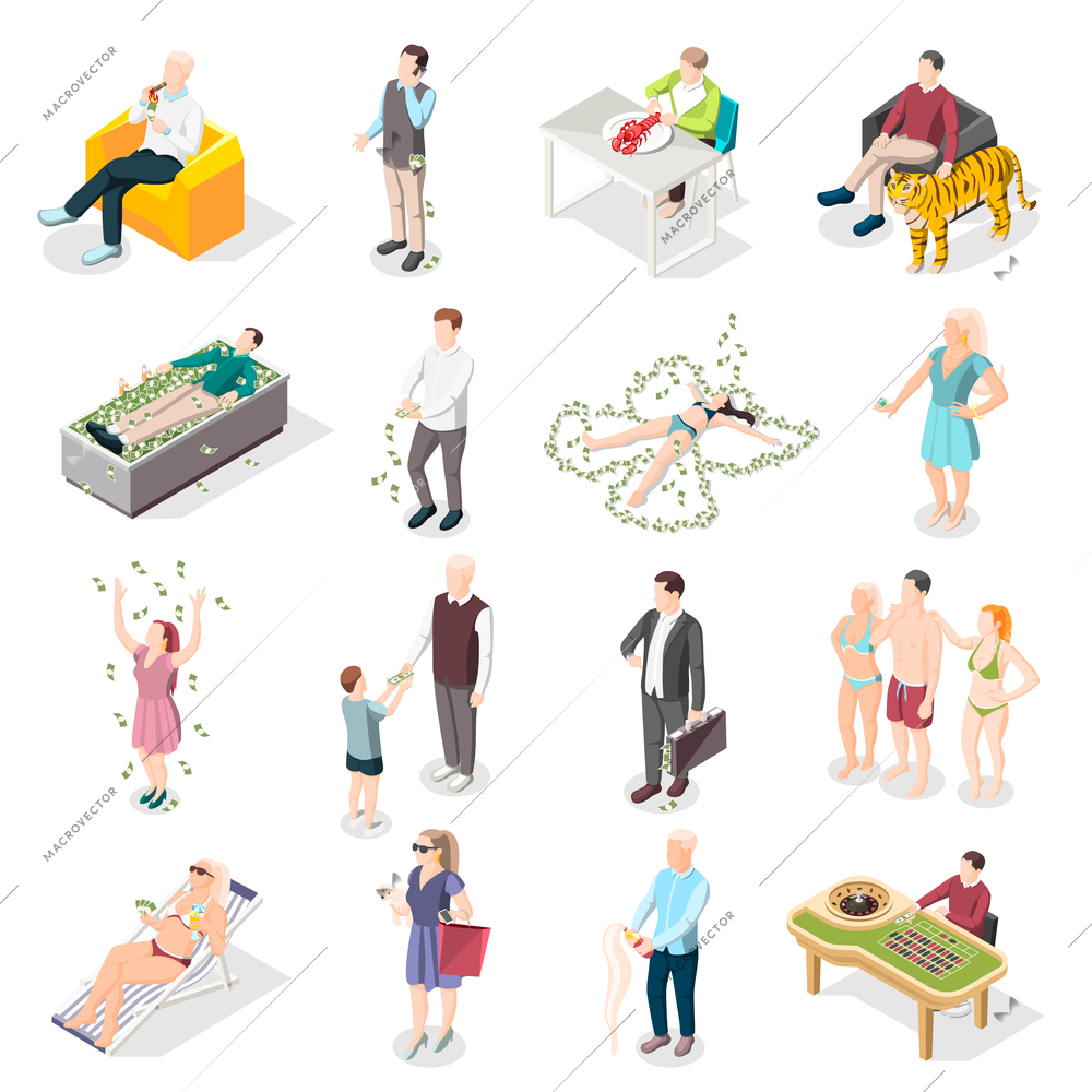 Rich people and rich life isometric icons set of wealthy persons relaxing on south beach eating delicious in restaurant gambling in casino isolated vector illustration