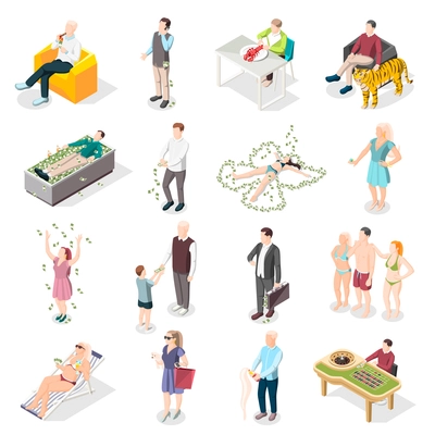 Rich people and rich life isometric icons set of wealthy persons relaxing on south beach eating delicious in restaurant gambling in casino isolated vector illustration