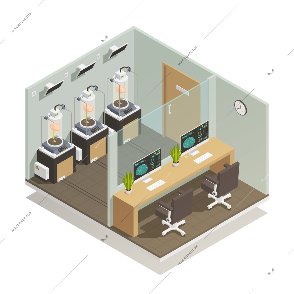 3d printing of human brain isometric composition on white background vector illustration