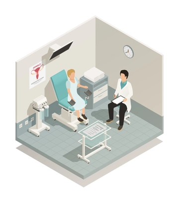 Isometric composition with woman being examined in gynecology cabinet on white background 3d vector illustration