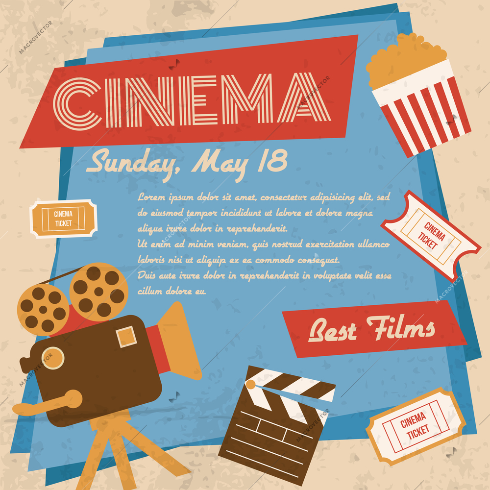 Retro movie cinema vintage best films poster vector illustration