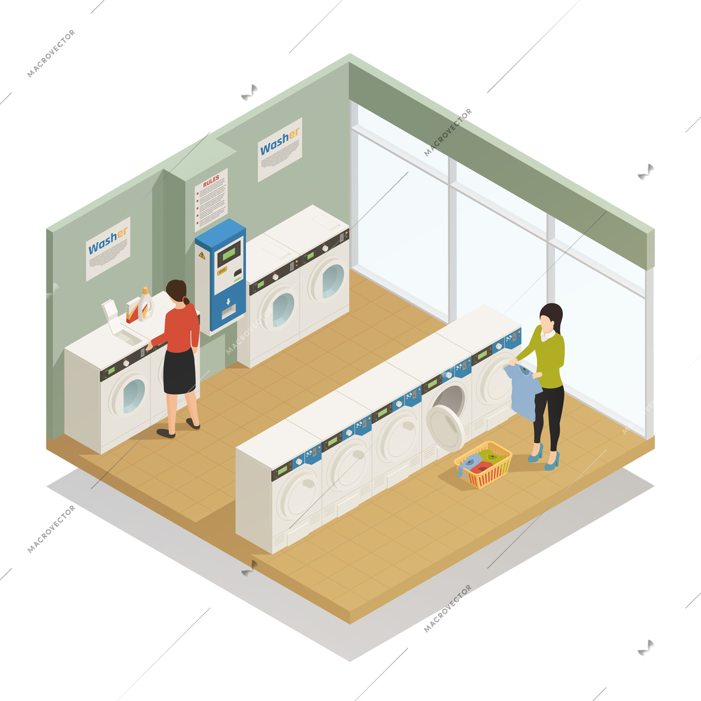 People in laundry room with several washing machines isometric composition on white background 3d vector illustration