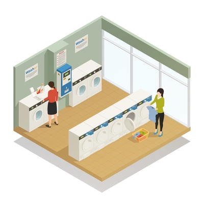 People in laundry room with several washing machines isometric composition on white background 3d vector illustration