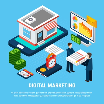 Isometric digital marketing concept with shop building computer papers and two people 3d vector illustration