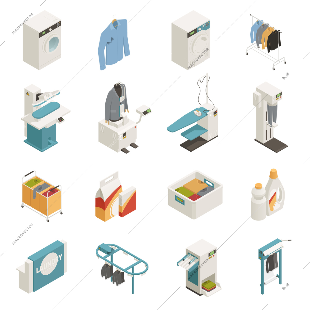 Isometric icons set with various laundry cleaning equipment isolated on white background 3d vector illustration