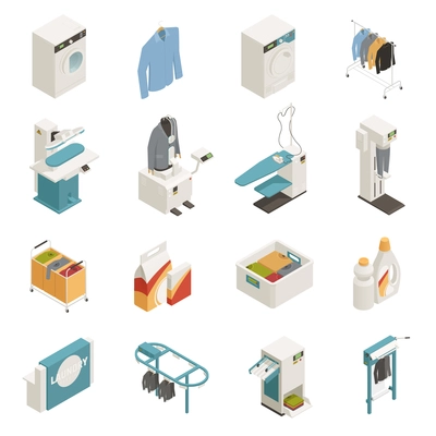 Isometric icons set with various laundry cleaning equipment isolated on white background 3d vector illustration