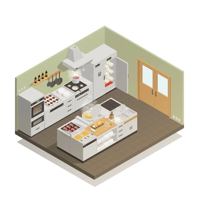 Big restaurant kitchen with professional cooking equipment isometric composition on white background 3d vector illustration