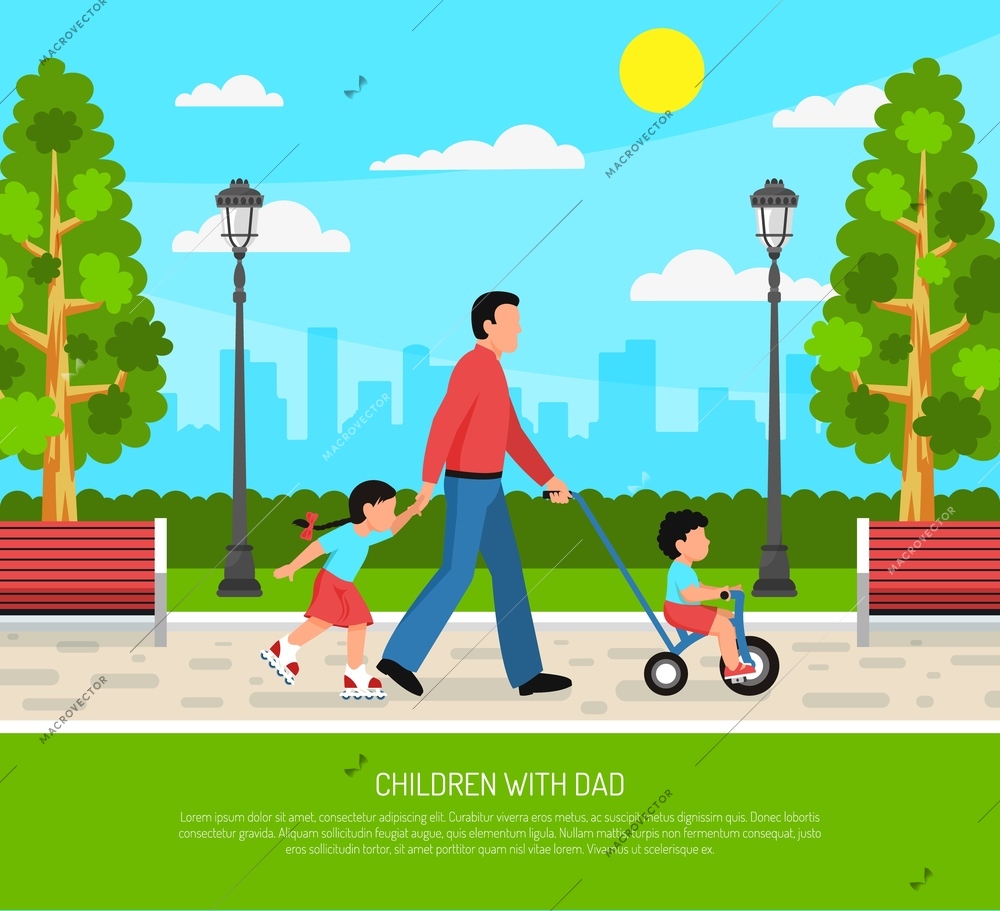 Parenting family outdoor activities daddy with little children walking in park flat poster cityscape background vector illustration