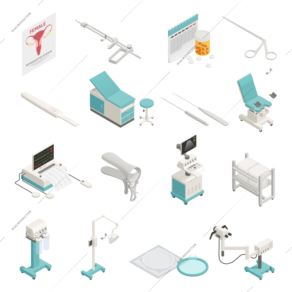 Gynecology equipment and instruments isometric icons set isolated on white background 3d vector illustration