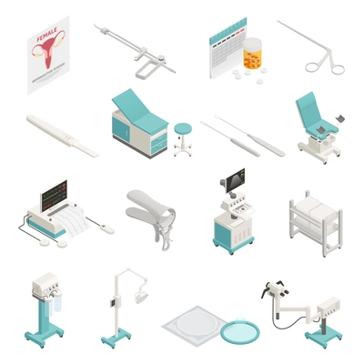 Gynecology equipment and instruments isometric icons set isolated on white background 3d vector illustration