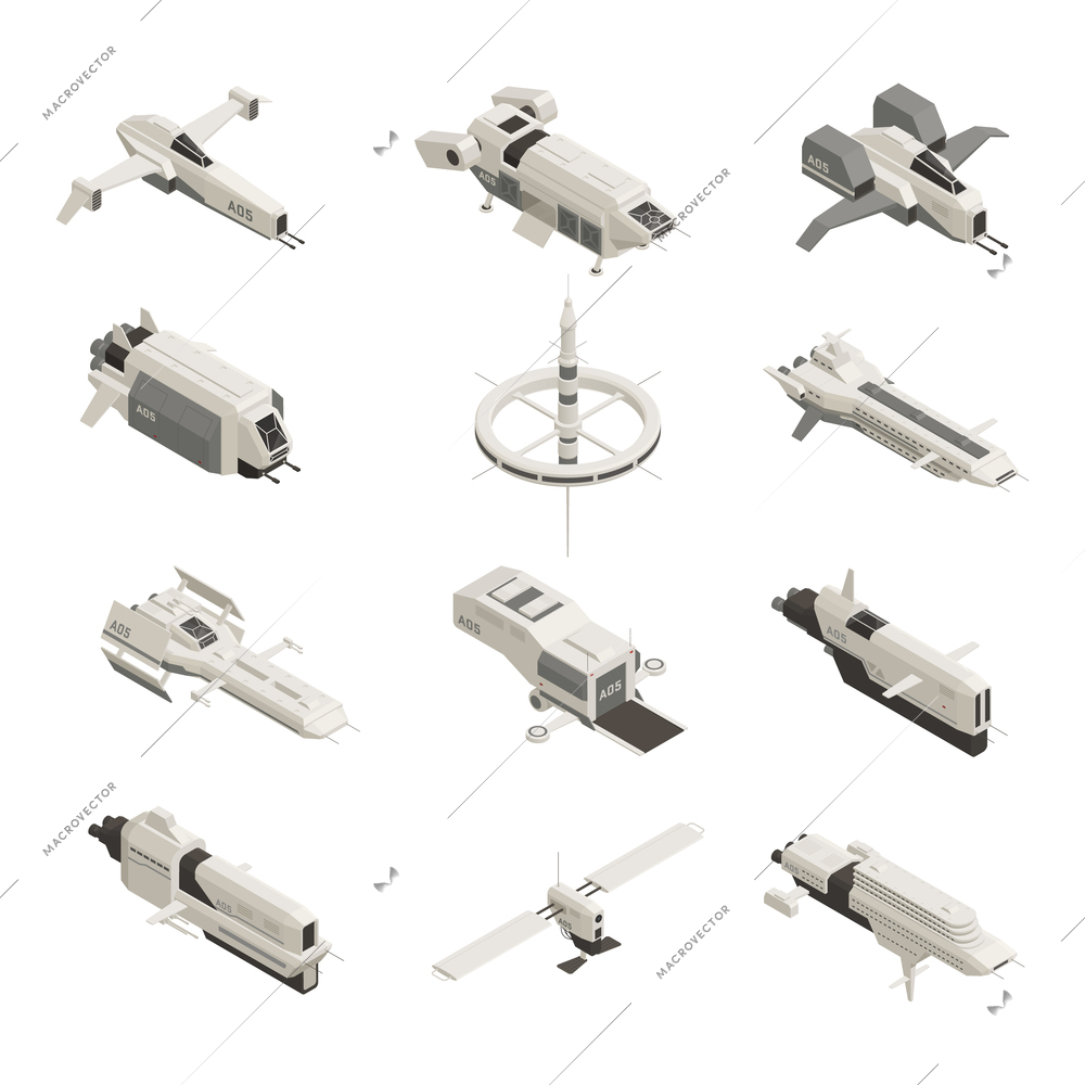 Isometric monochrome set of space ships of different size and shape isolated on white background 3d vector illustration