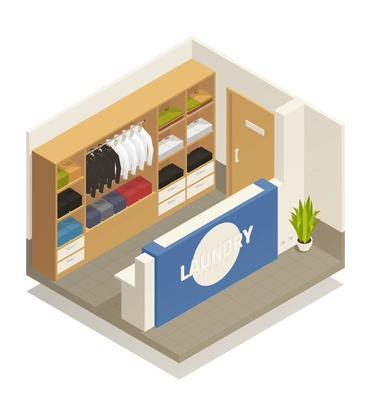 Empty laundry reception and packed clean clothes on shelves isometric composition 3d vector illustration