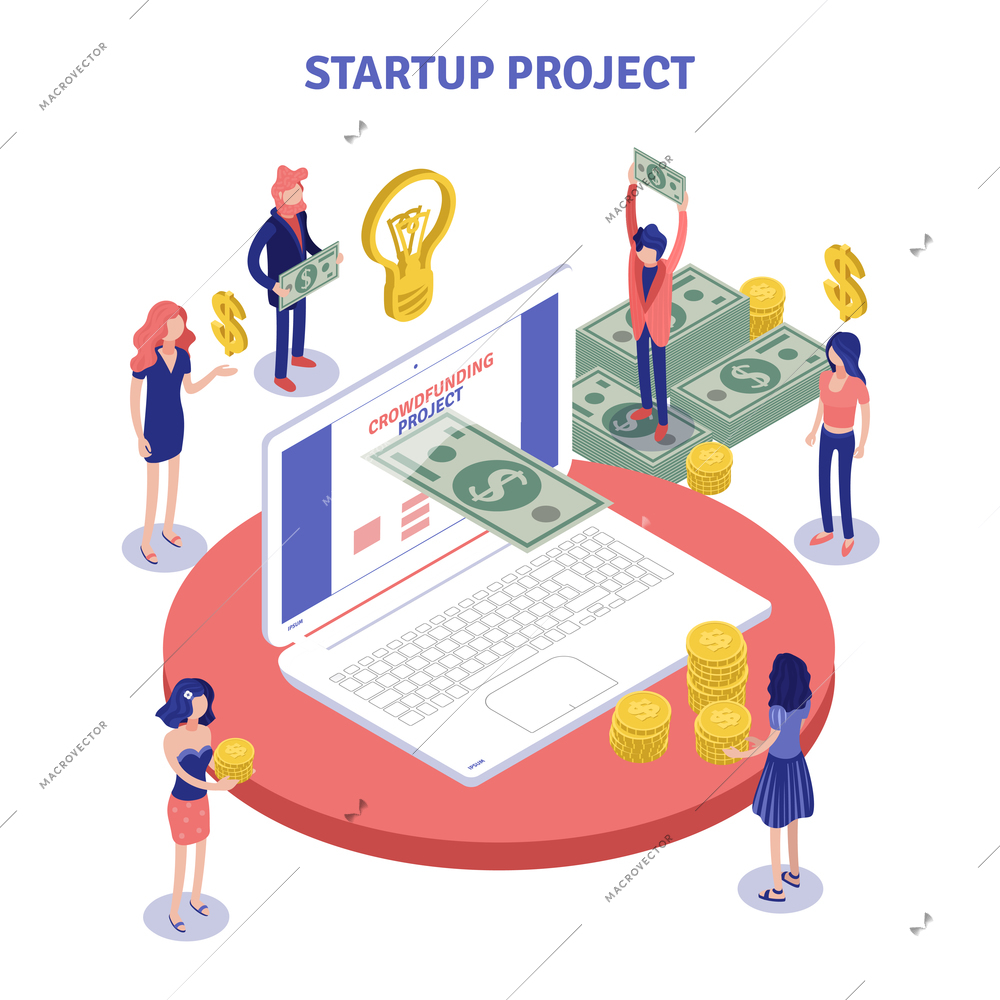 Isometric crowdfunding composition with human characters of investing public and laptop computer with bank notes and coins vector illustration