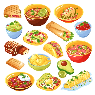 Traditional mexican food dishes collection with tacos quesadilla tortilla chips avocado salsa isolated white background vector illustration