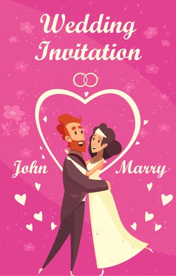 Cartoon wedding invitation with happy newlyweds on purple background vector illustration