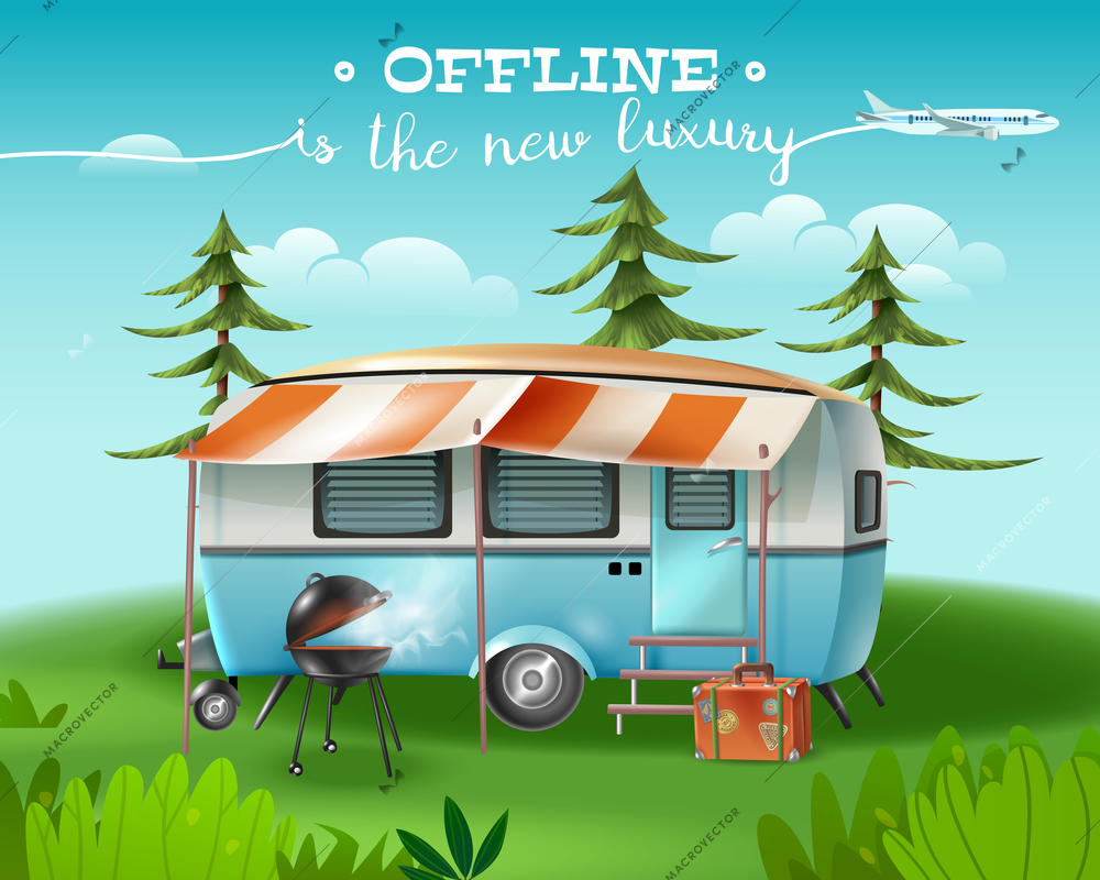 Travel tourism horizontal poster with wild nature scenery and camper van with awning and barbecue grill vector illustration