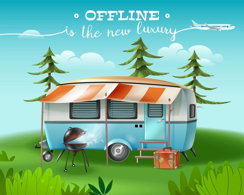 Travel tourism horizontal poster with wild nature scenery and camper van with awning and barbecue grill vector illustration