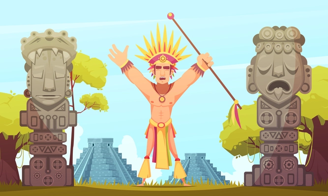 Maya man performing ritual on background with teotihuacan pyramids cartoon vector illustration