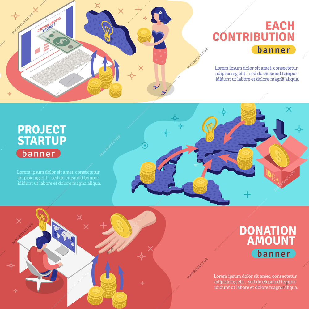 Isometric crowdfunding banners collection with conceptual image compositions representing online donation services and worldwide money contribution vector illustration