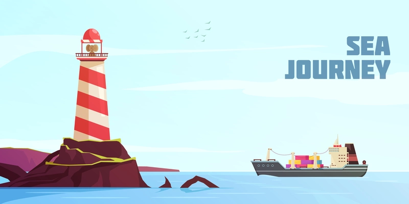 Nautical background with cargo ship and lighthouse cartoon vector illustration