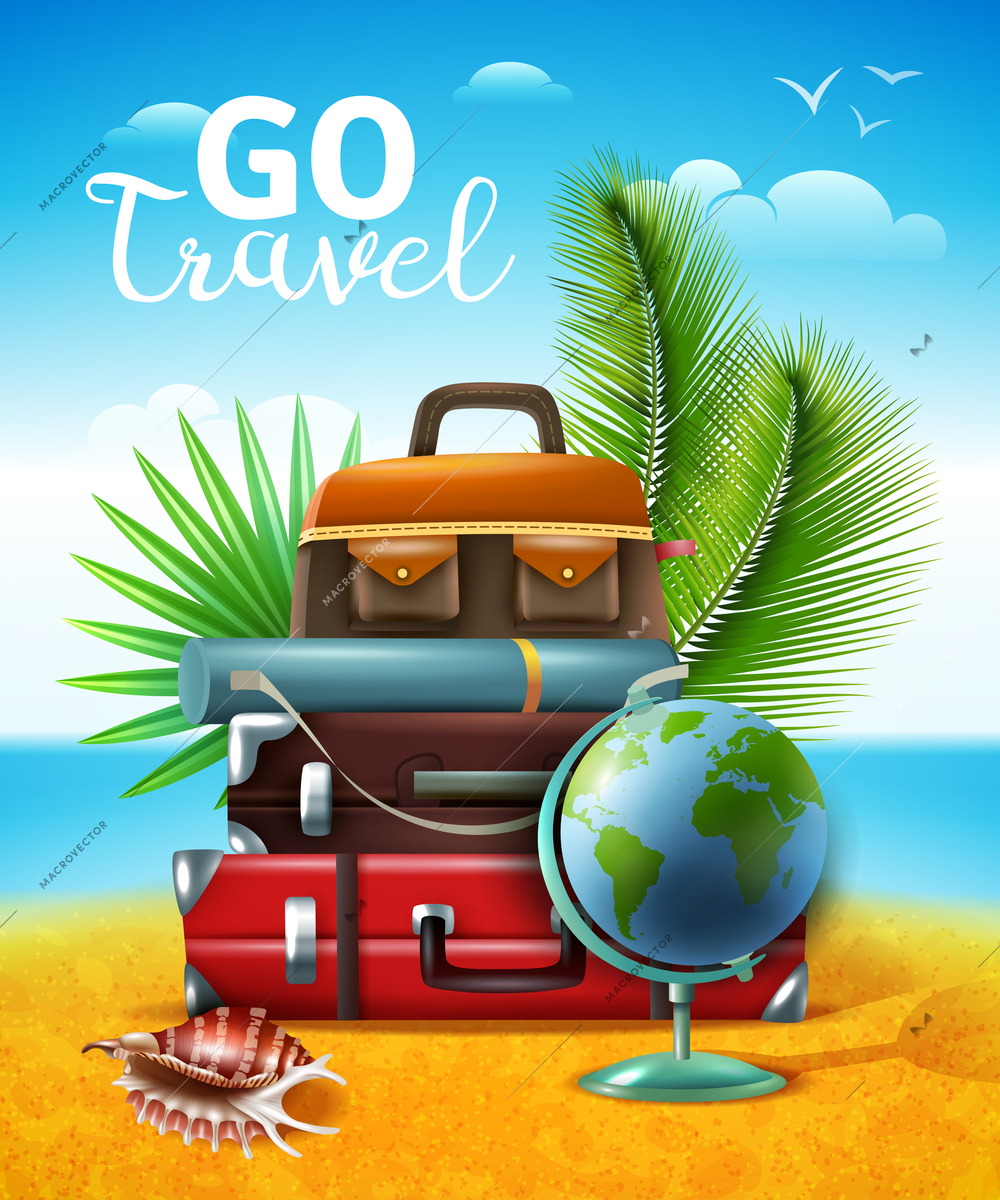 Travel tourism vertical poster composition with hand luggage travelling cases and global map on beach background vector illustration