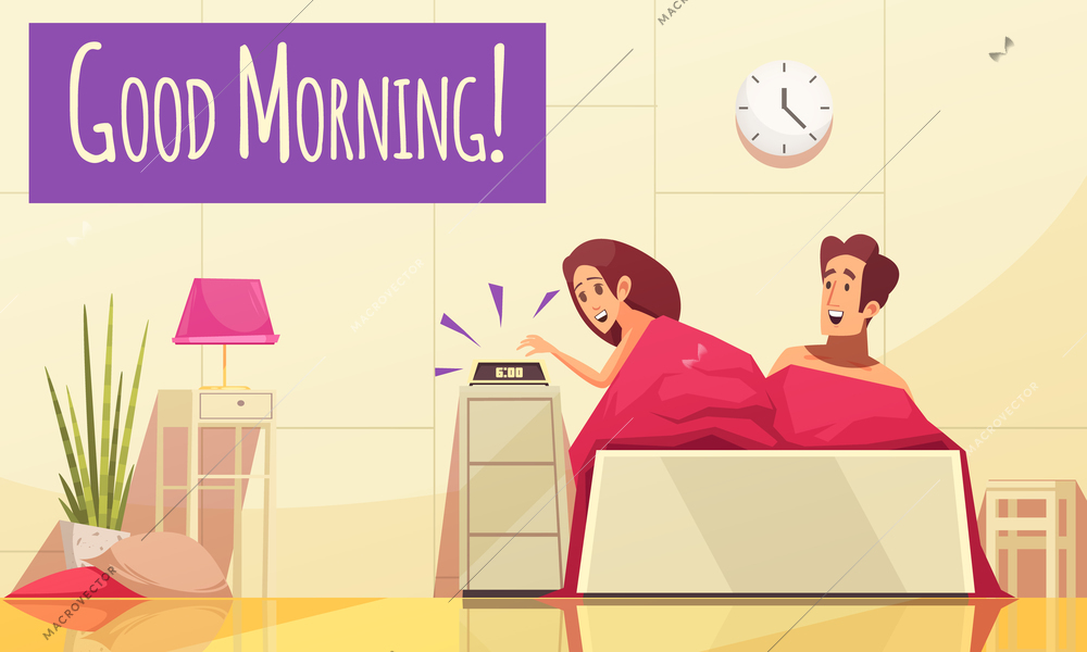 Cartoon background with man and woman waking up in morning vector illustration