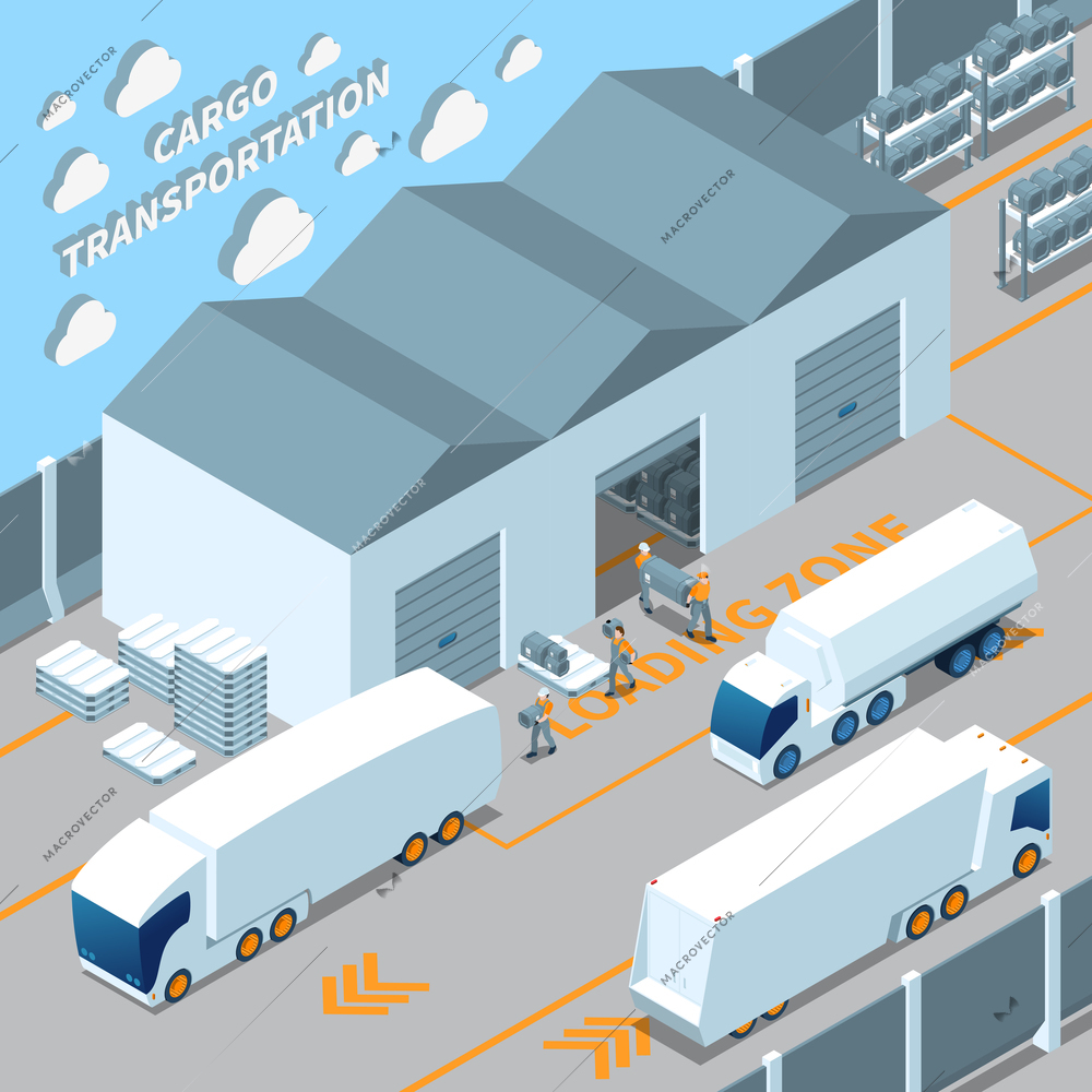 Logistic electric vehicles, cargo transportation isometric composition with warehouse, loading freight in truck vector illustration