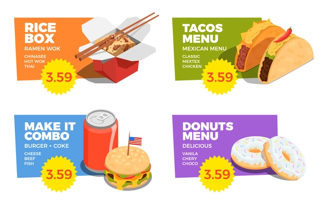 Street food concept set with tacos and donuts menu  symbols isometric isolated vector illustration