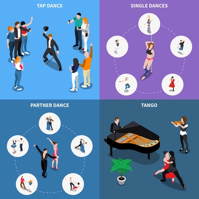 Single and partner dances isometric design concept with musicians, performers of tango and tap, isolated vector illustration