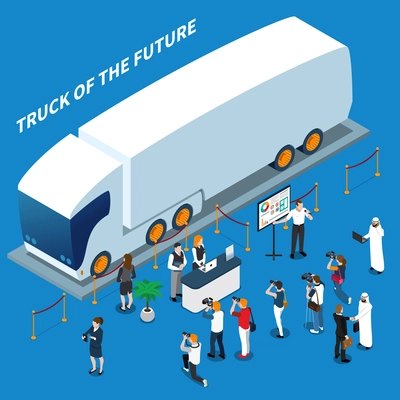 Presentation of electric truck of future, isometric composition on blue background with business persons, reporters, vector illustration