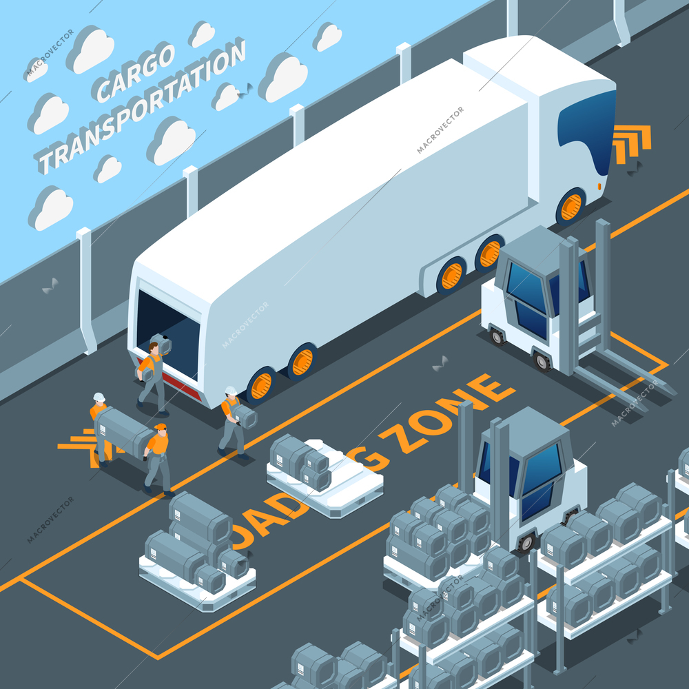 Modern white electric truck isometric composition with unloading cargo, warehouse equipment and shelves with goods vector illustration