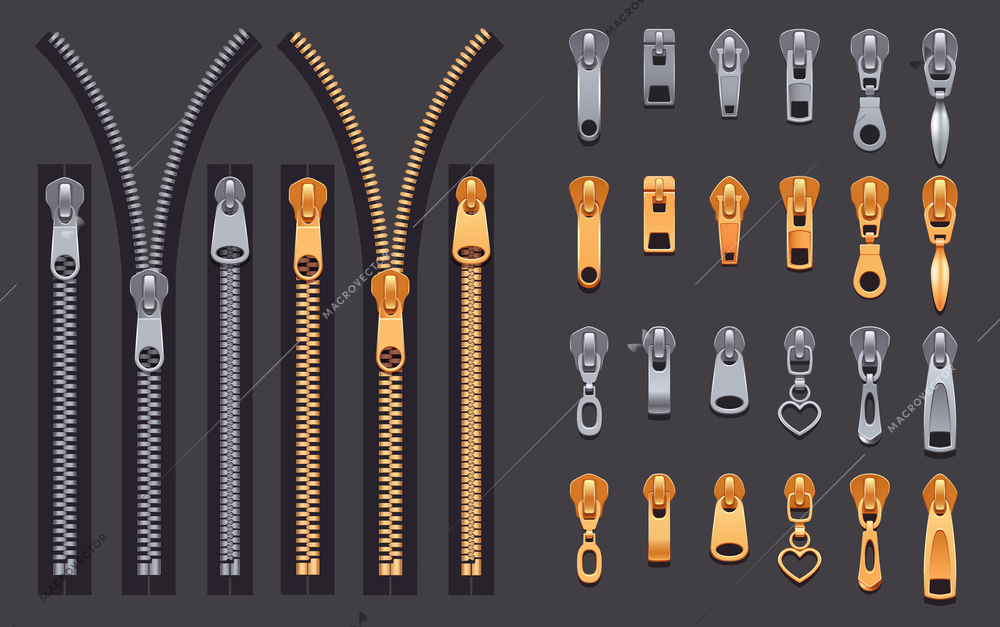 Set of gold and silver metallic closed and open zippers and pullers realistic set isolated on black background vector illustration