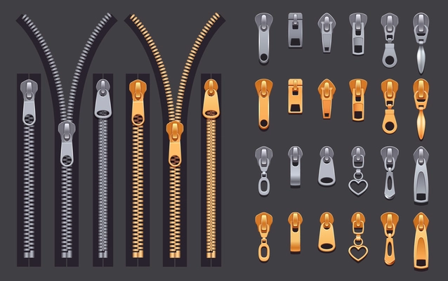 Set of gold and silver metallic closed and open zippers and pullers realistic set isolated on black background vector illustration