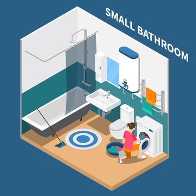 Small bath room isometric composition with plumbing, water heater, laundry machine, towel dryer, vector illustration