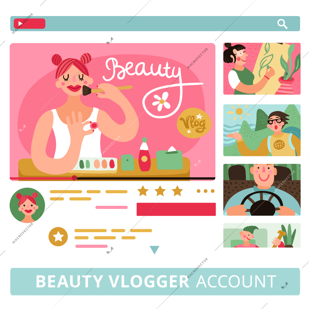 Video bloggers horizontal banners set with beauty and travel account symbols flat isolated vector illustration