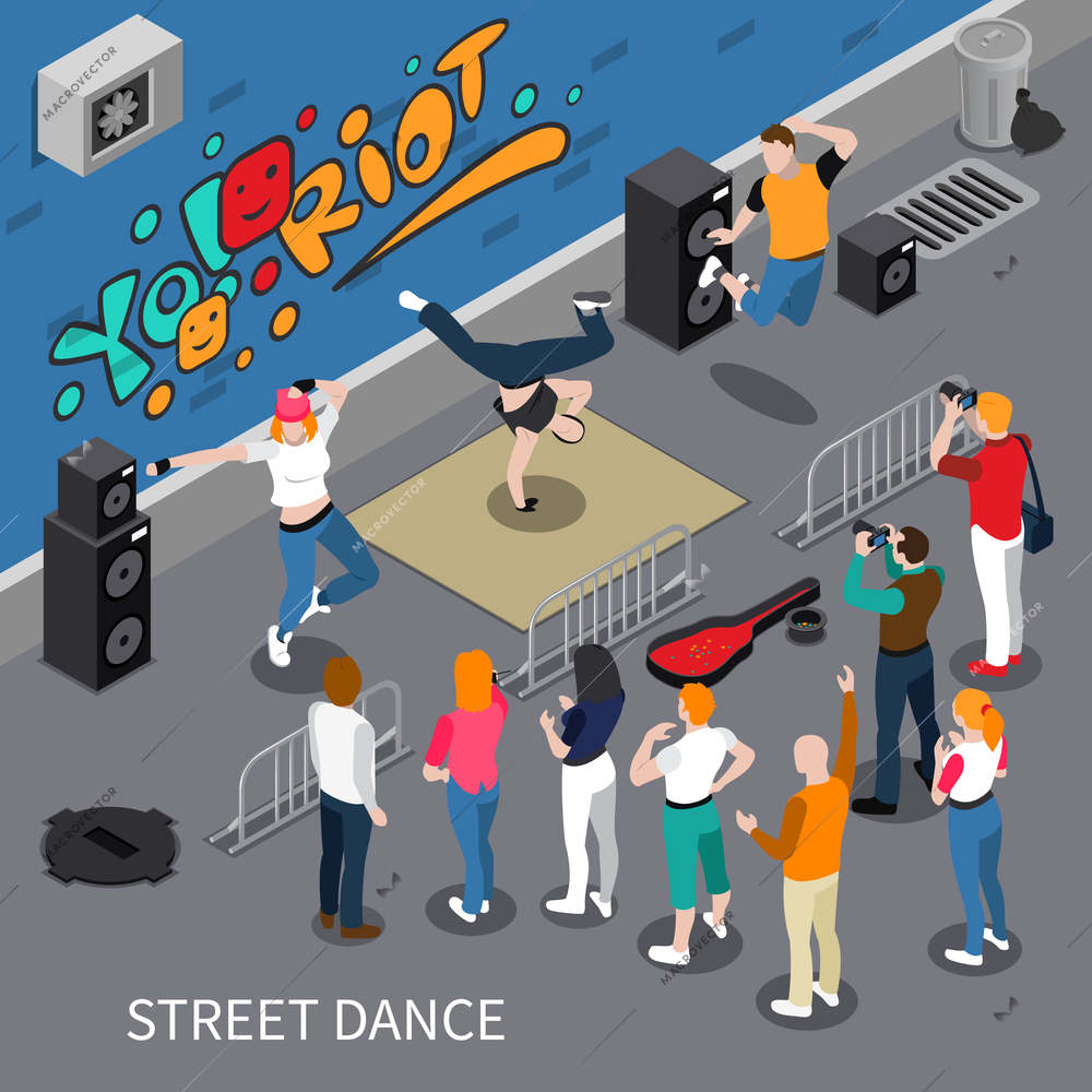 Performers of street dance on graffiti background isometric composition with audio equipment, spectators, vector illustration