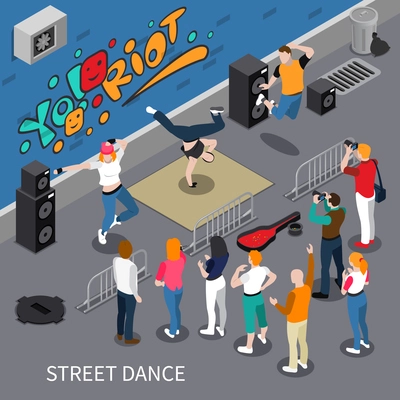 Performers of street dance on graffiti background isometric composition with audio equipment, spectators, vector illustration