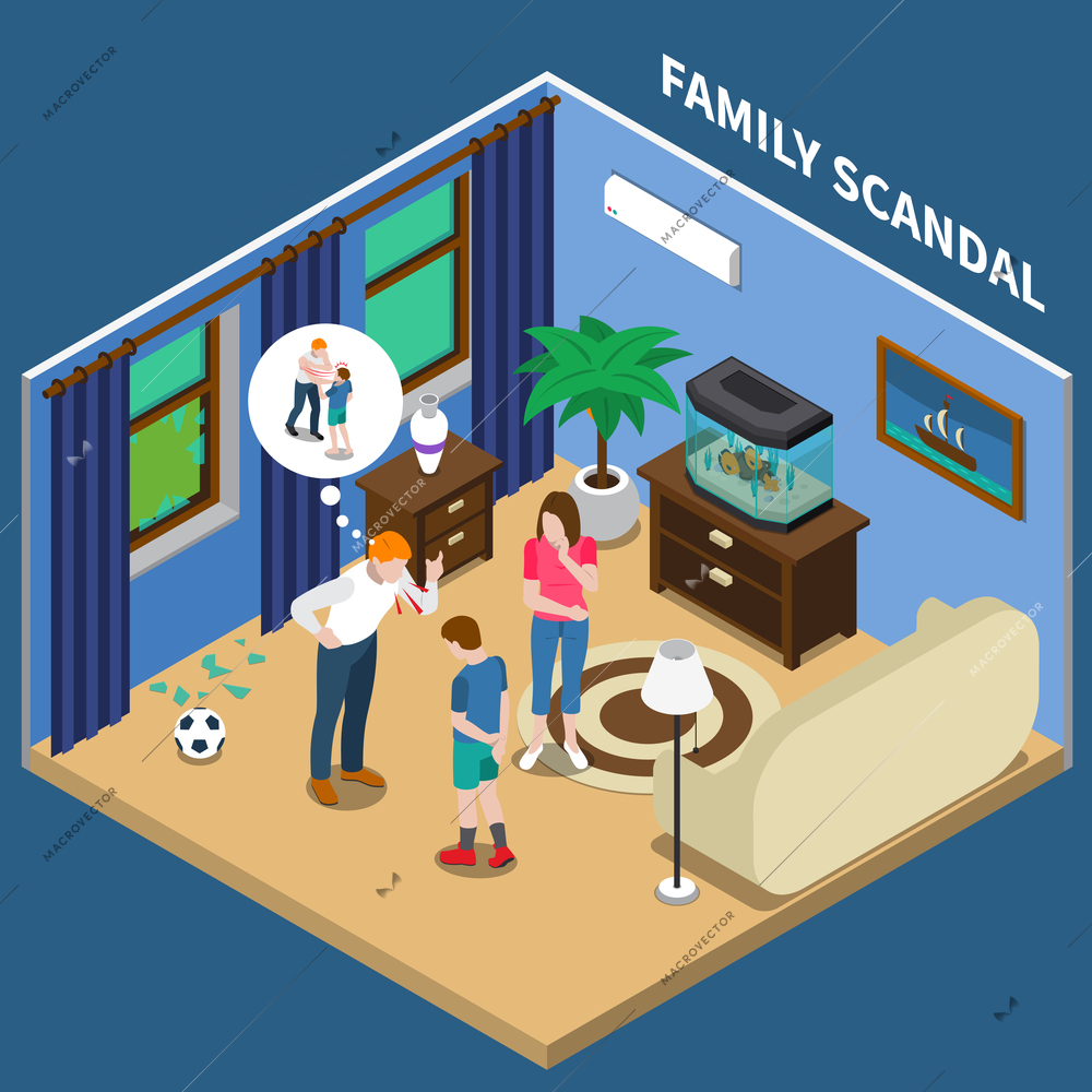 Family scandal isometric composition with father scolding son for broken window with soccer ball vector illustration