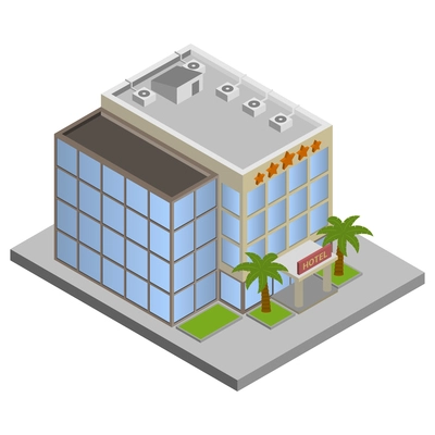 Modern 3d urban hotel building with palms isometric isolated vector illustration.