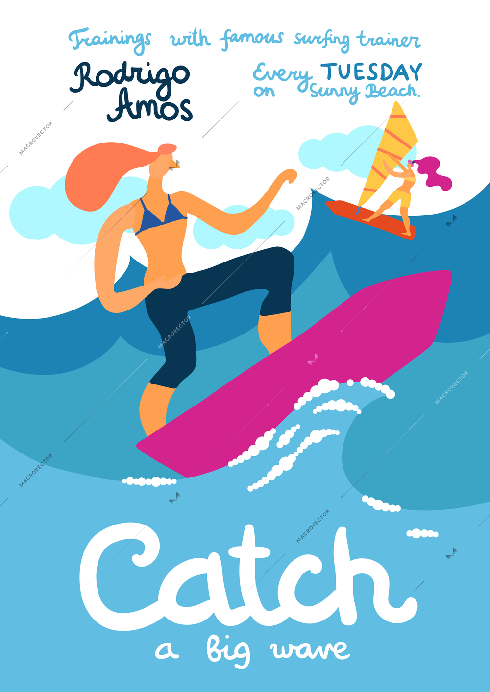 Sea activities poster with surfing and windsurfing course symbols flat vector illustration