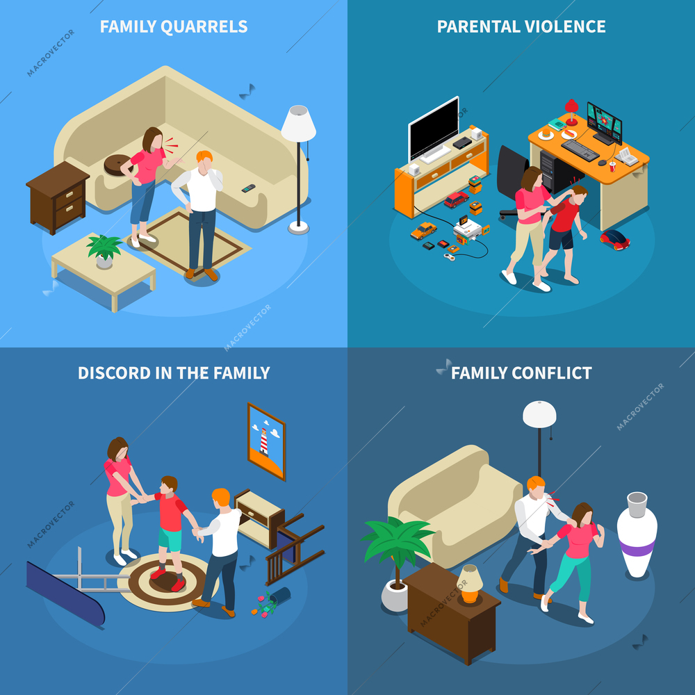 Family issues isometric design concept with quarrels, parental violence, disagreement, conflict, isolated on blue background vector illustration