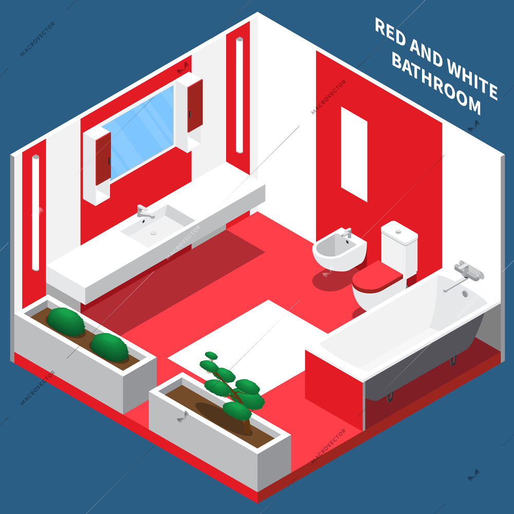 Red and white bath room interior with plumbing and decoration from plants isometric composition vector illustration