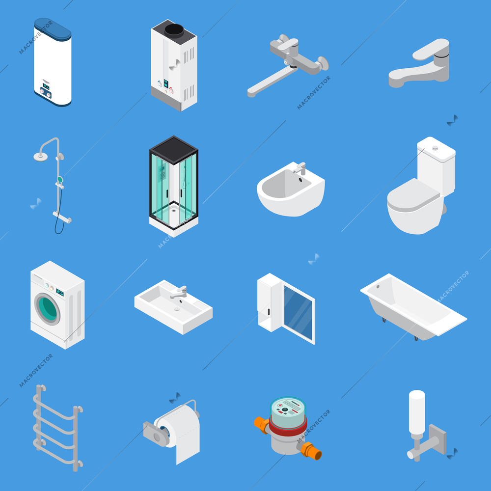 Sanitary engineering including faucets, bath, sinks, lavatory, laundry washer isometric icons isolated on blue background vector illustration
