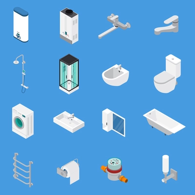 Sanitary engineering including faucets, bath, sinks, lavatory, laundry washer isometric icons isolated on blue background vector illustration